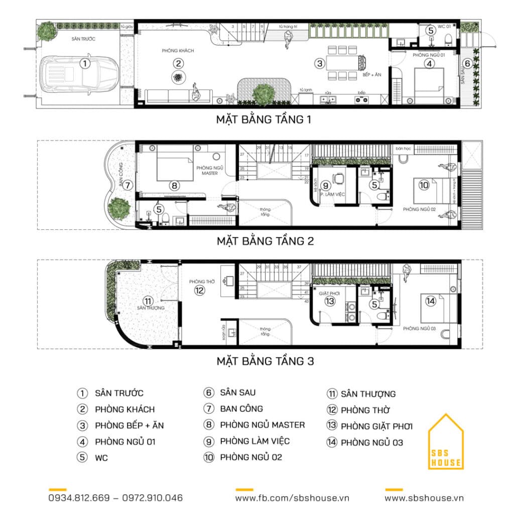 Mặt bằng Nhà phố 3 tầng phong cách hiện đại và thô mộc