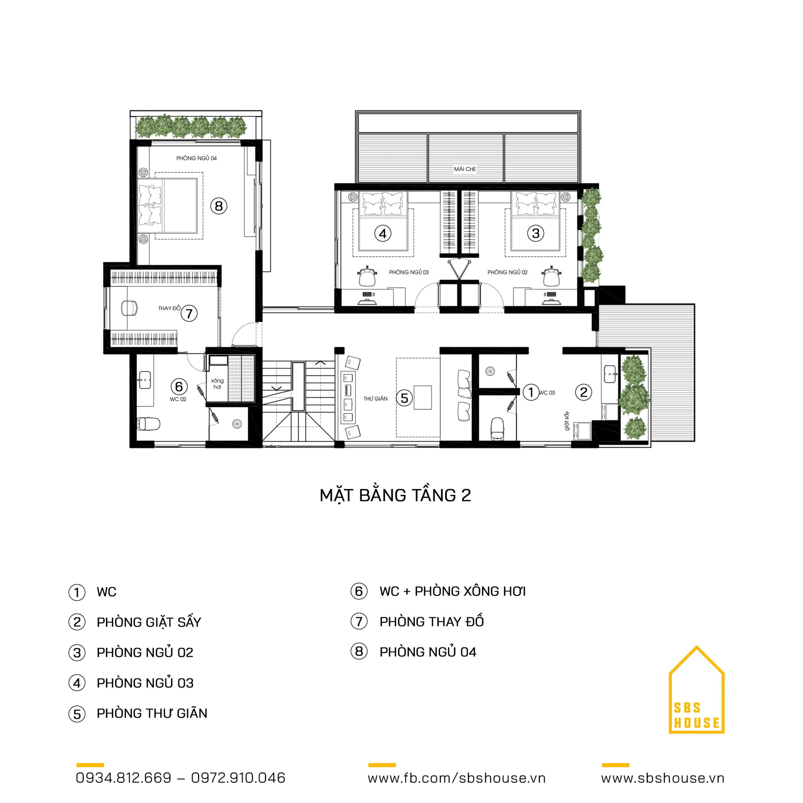 Mặt bằng tầng 2 Biệt thự 3 tầng phong cách địa trung hải